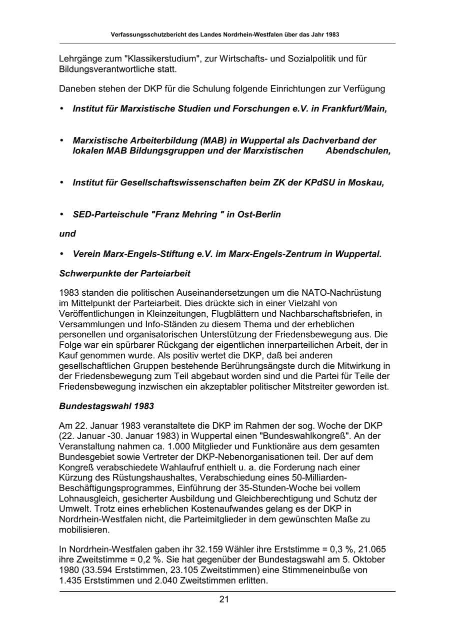 Seite 21 des Verfassungsschutzbericht 1983 Nordrhein-Westfalen