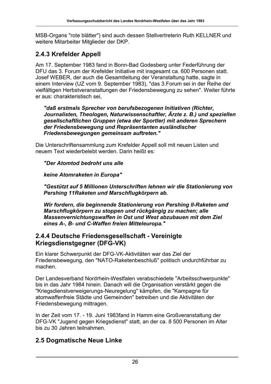 Seite 26 des Verfassungsschutzbericht 1983 Nordrhein-Westfalen