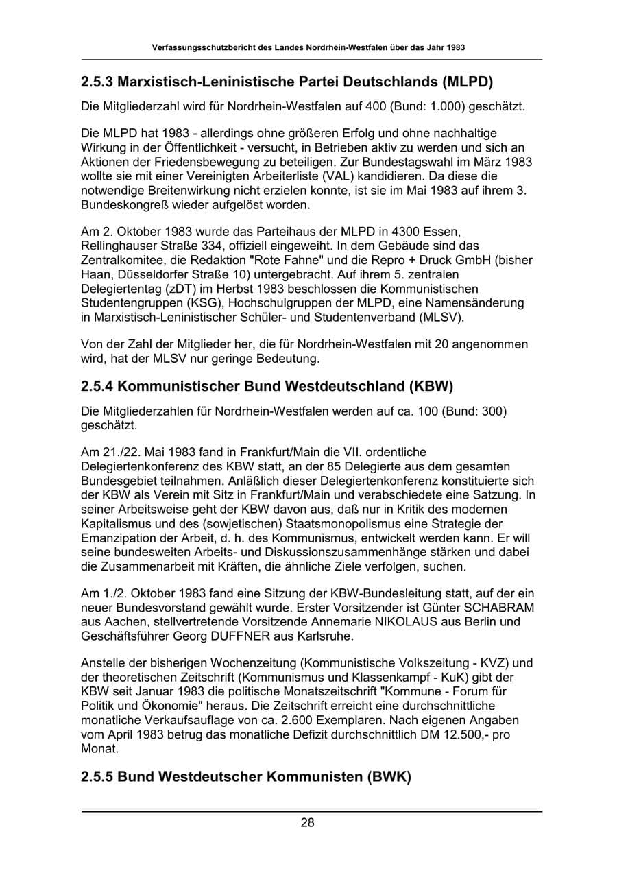 Seite 28 des Verfassungsschutzbericht 1983 Nordrhein-Westfalen