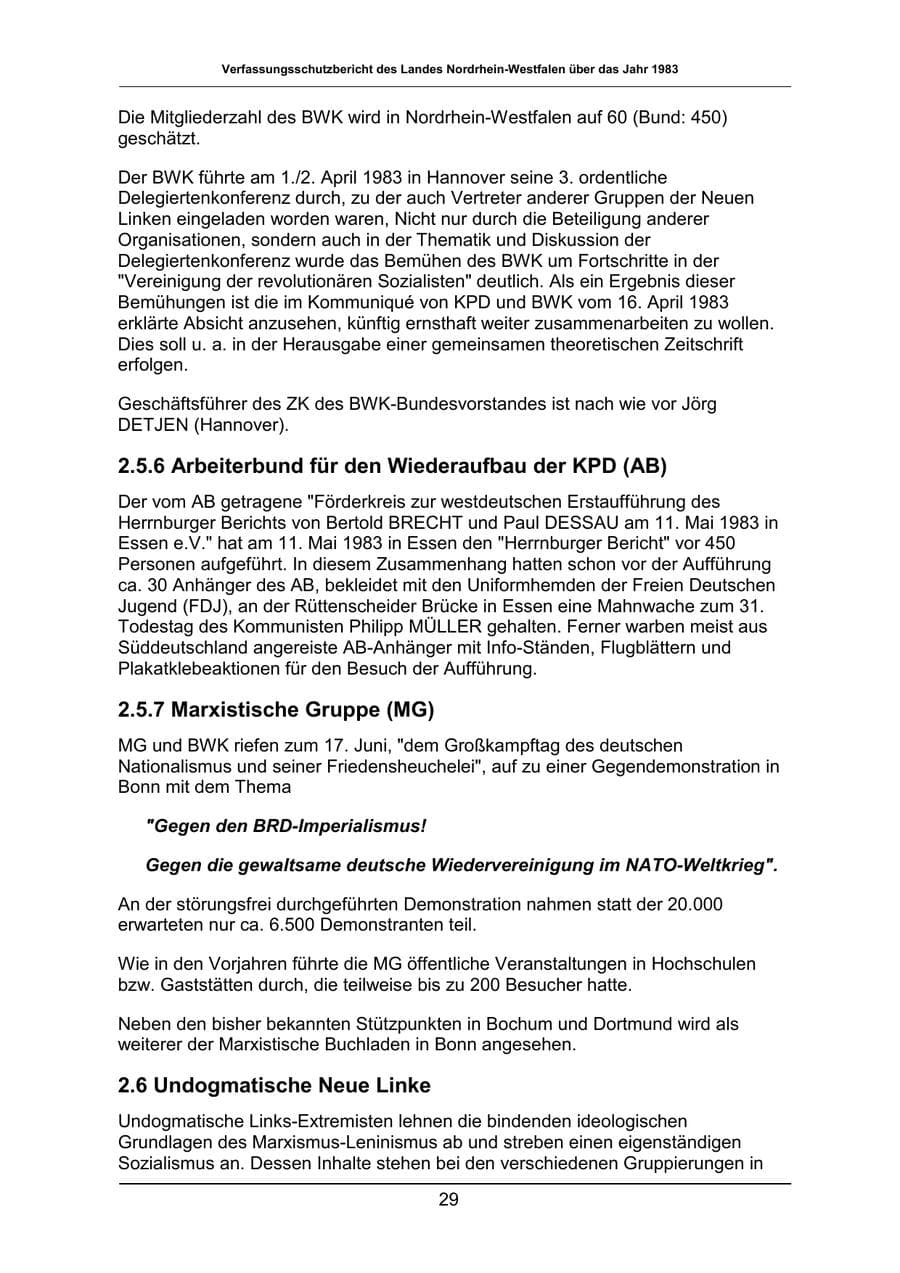 Seite 29 des Verfassungsschutzbericht 1983 Nordrhein-Westfalen
