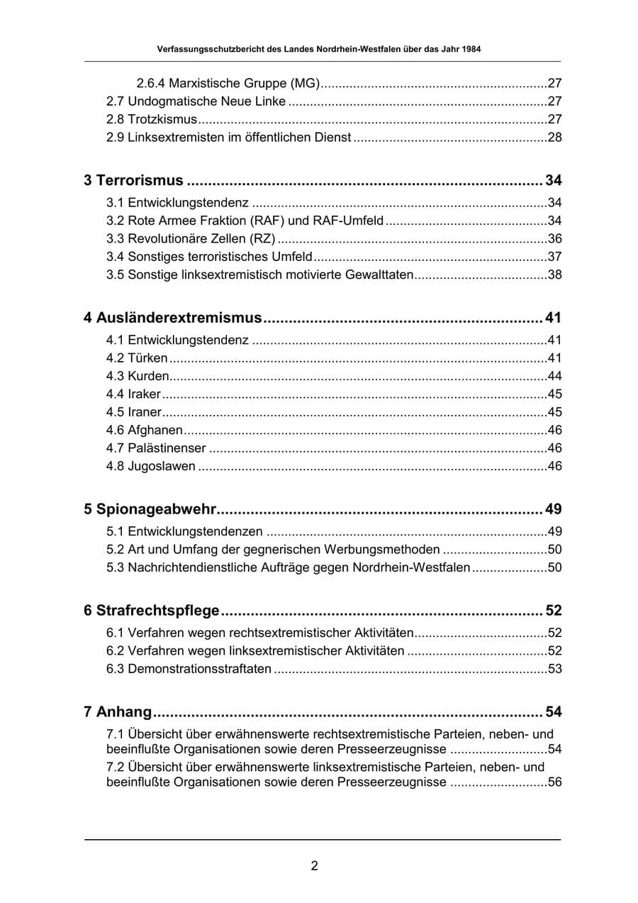 Seite 2 des Verfassungsschutzbericht 1984 Nordrhein-Westfalen