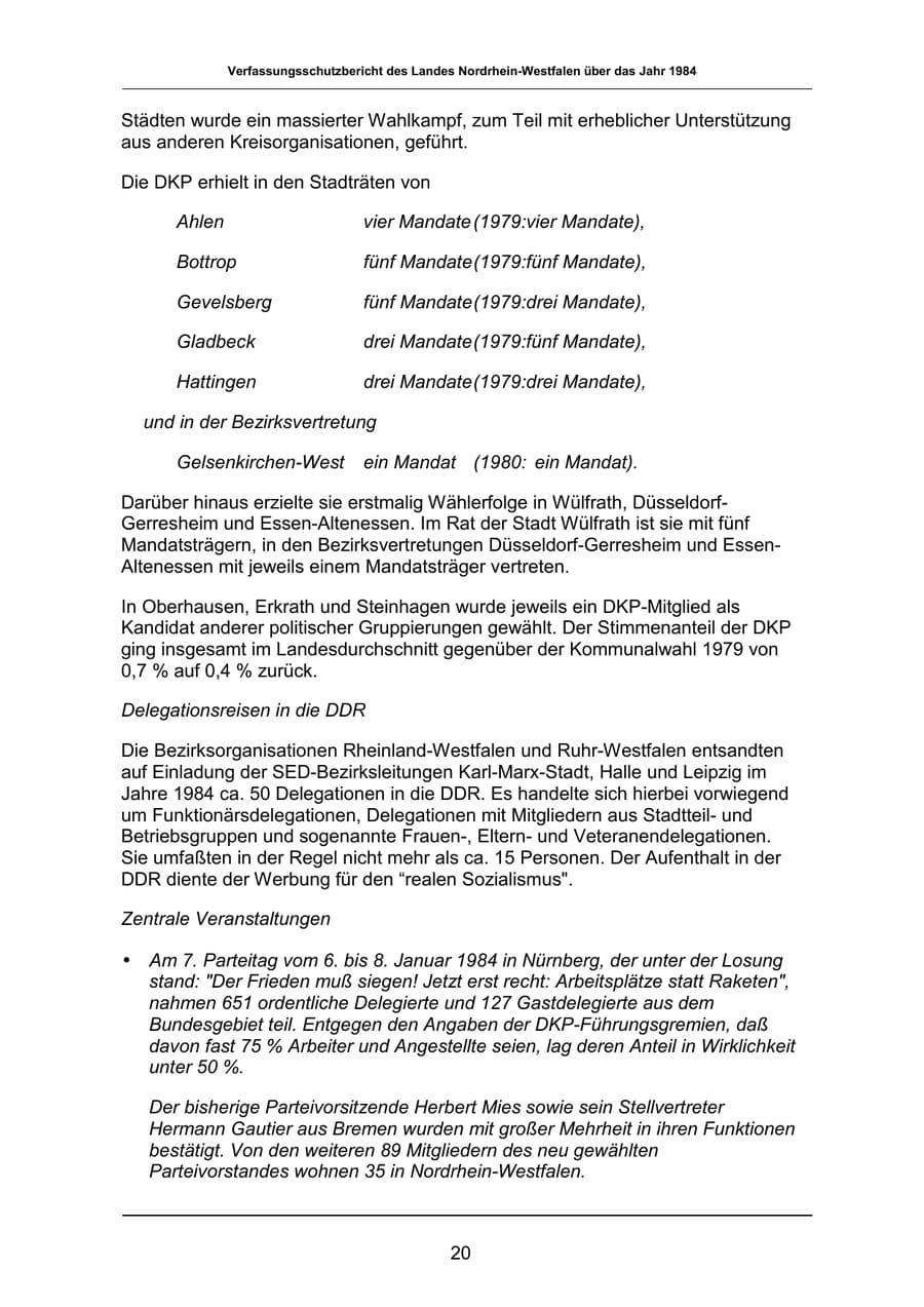 Seite 20 des Verfassungsschutzbericht 1984 Nordrhein-Westfalen