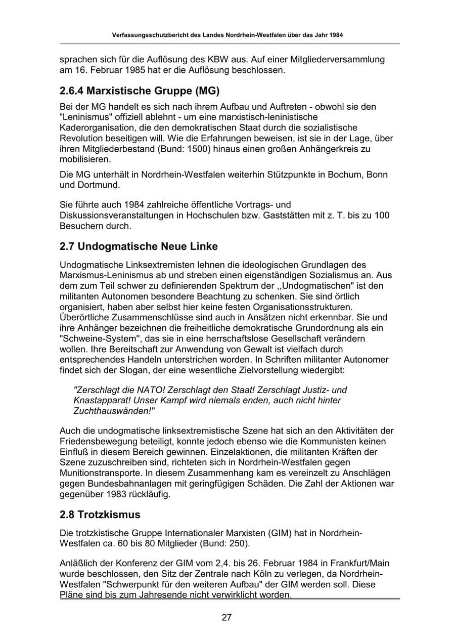Seite 27 des Verfassungsschutzbericht 1984 Nordrhein-Westfalen