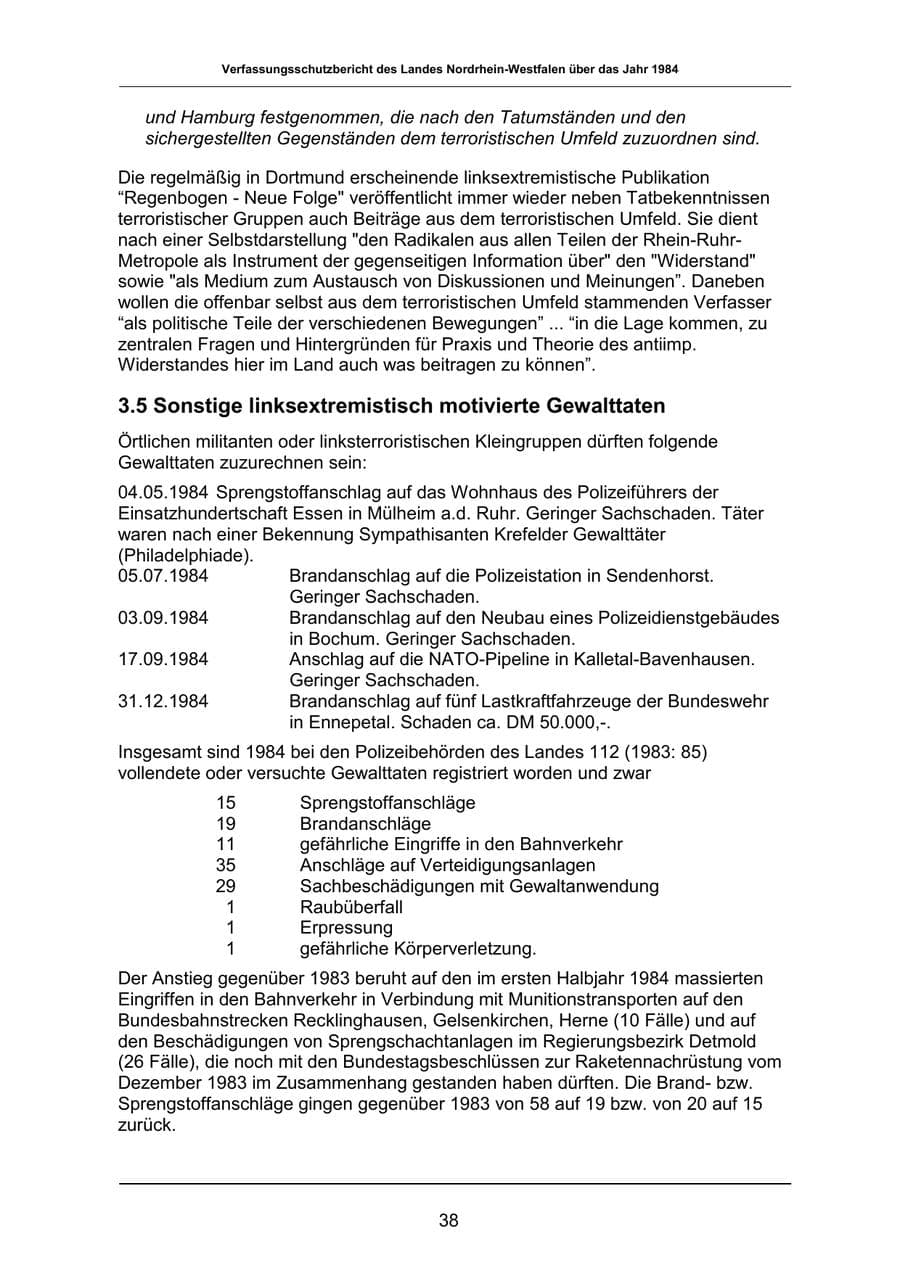 Seite 38 des Verfassungsschutzbericht 1984 Nordrhein-Westfalen
