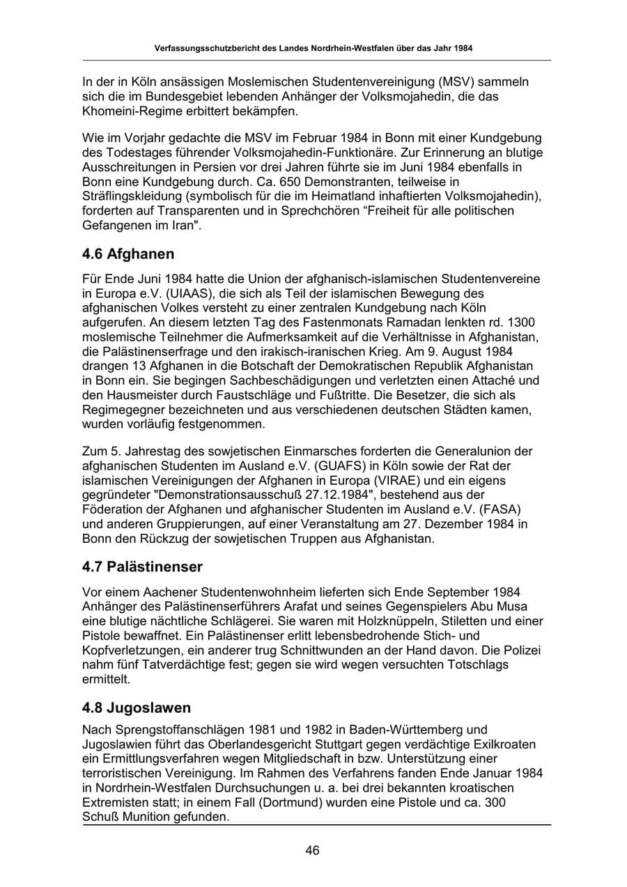 Seite 46 des Verfassungsschutzbericht 1984 Nordrhein-Westfalen