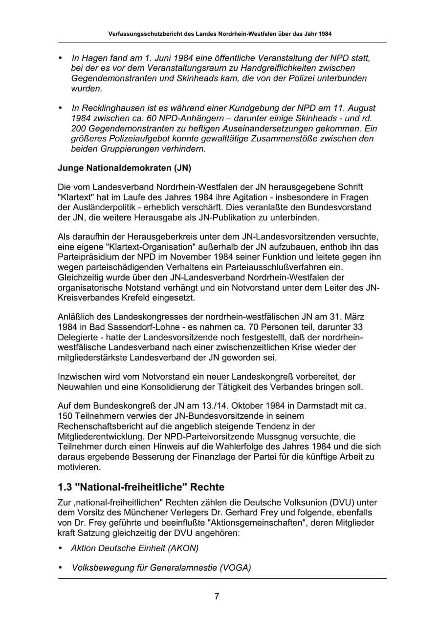 Seite 7 des Verfassungsschutzbericht 1984 Nordrhein-Westfalen
