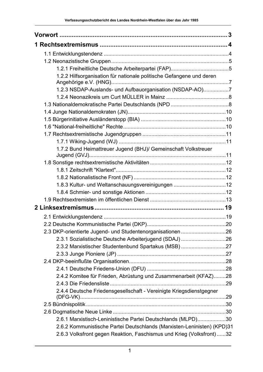Seite 1 des Verfassungsschutzbericht 1985 Nordrhein-Westfalen