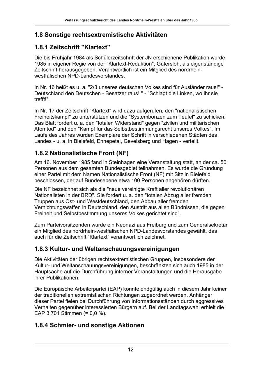 Seite 12 des Verfassungsschutzbericht 1985 Nordrhein-Westfalen