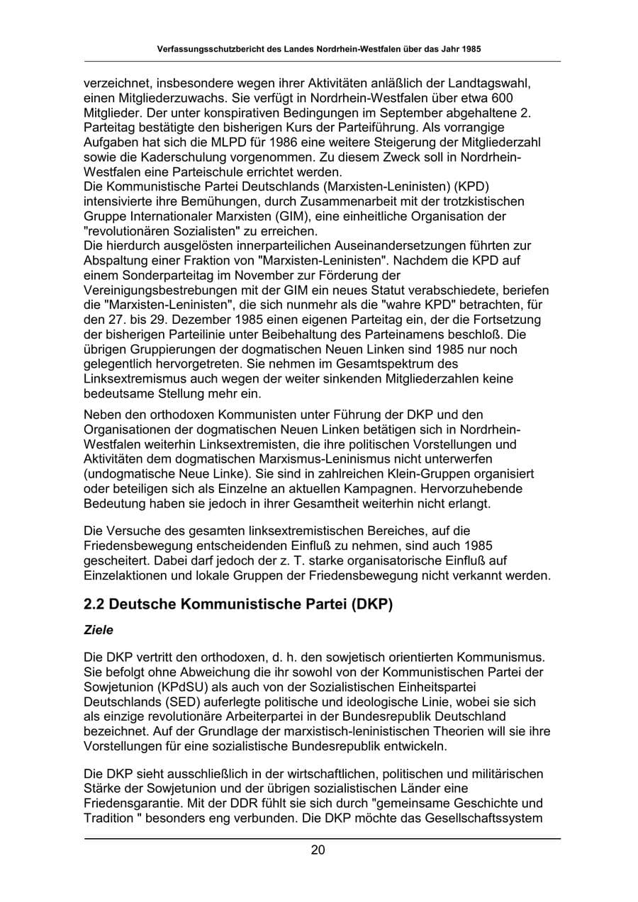 Seite 20 des Verfassungsschutzbericht 1985 Nordrhein-Westfalen