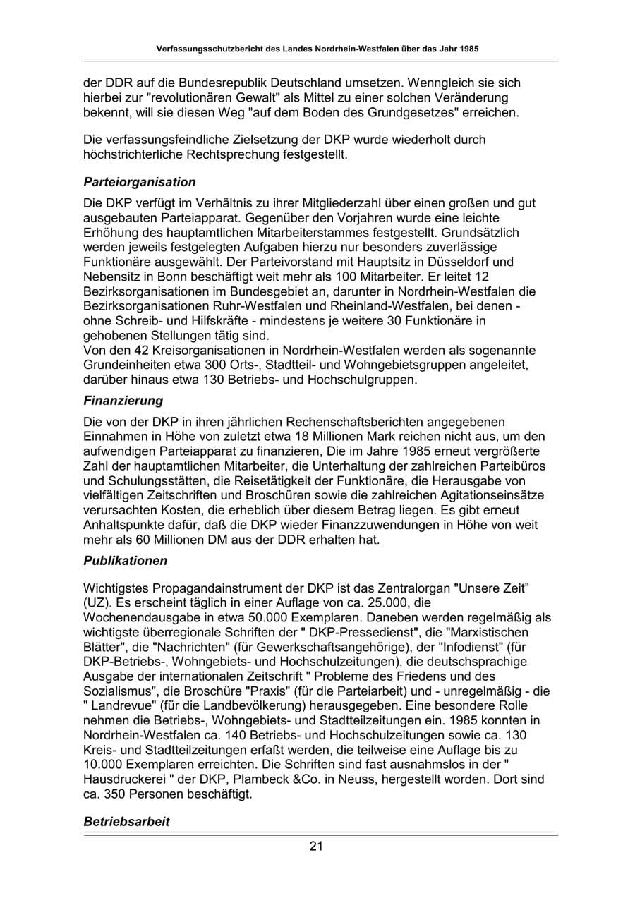 Seite 21 des Verfassungsschutzbericht 1985 Nordrhein-Westfalen
