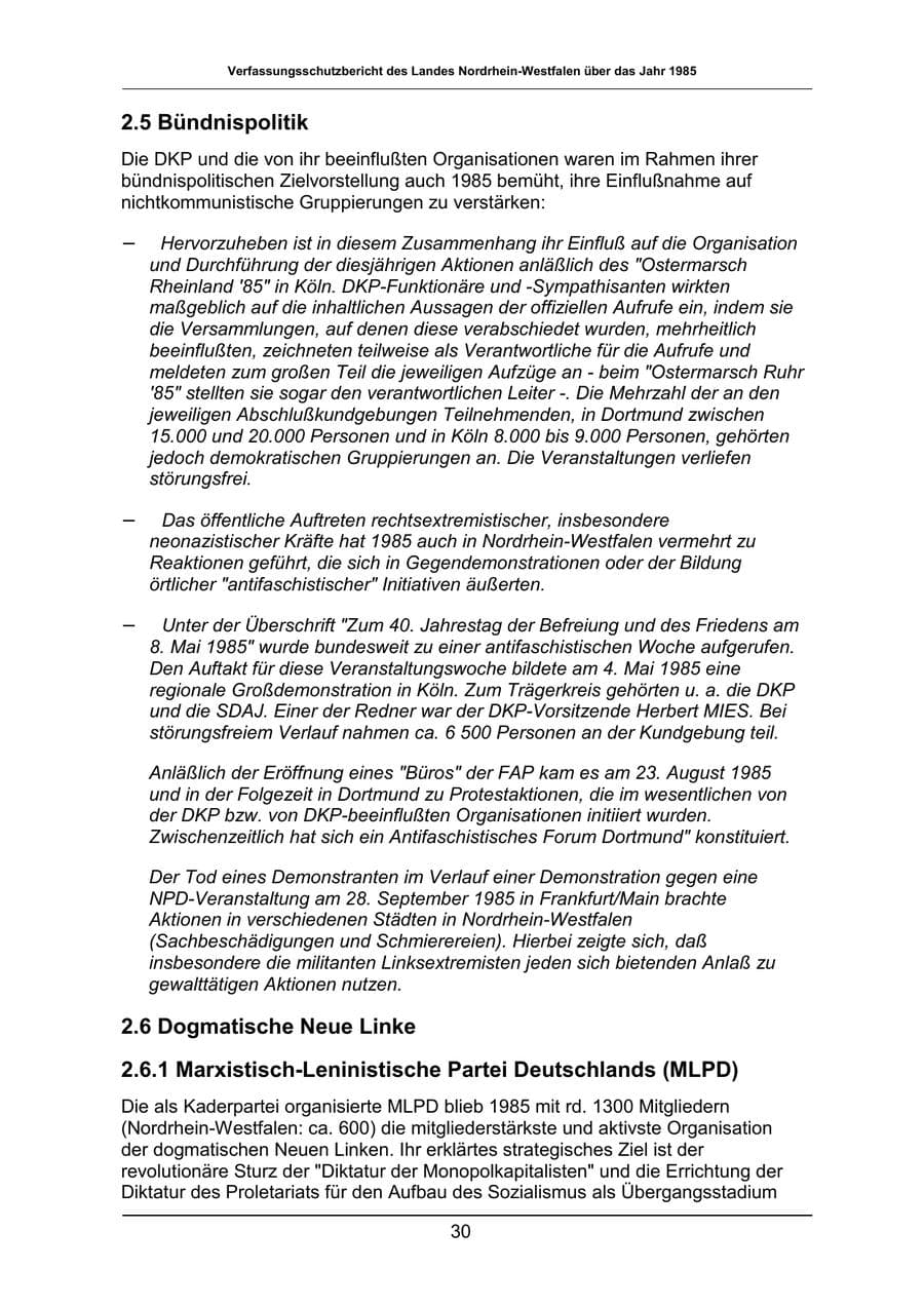 Seite 30 des Verfassungsschutzbericht 1985 Nordrhein-Westfalen