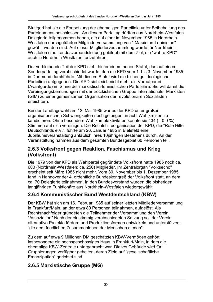 Seite 32 des Verfassungsschutzbericht 1985 Nordrhein-Westfalen