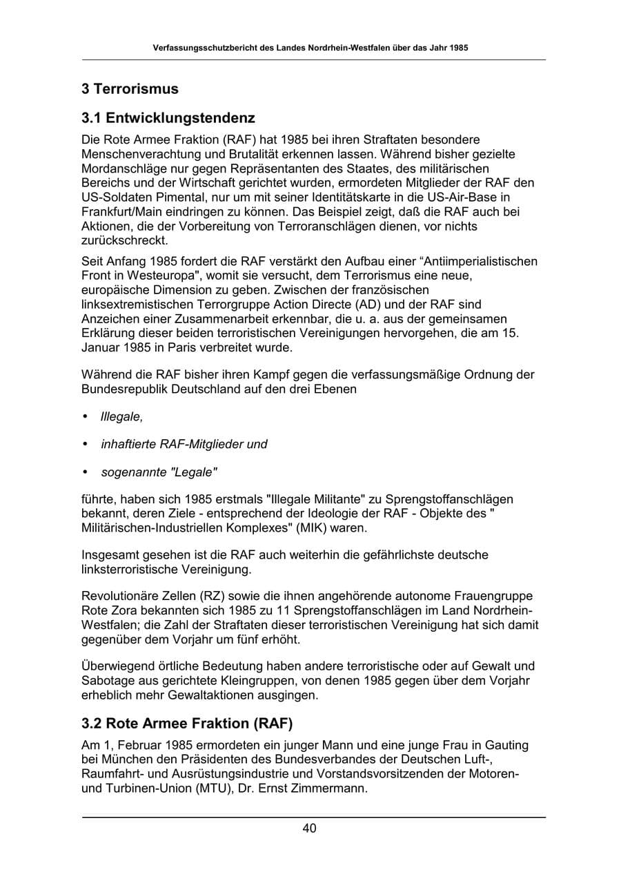Seite 40 des Verfassungsschutzbericht 1985 Nordrhein-Westfalen