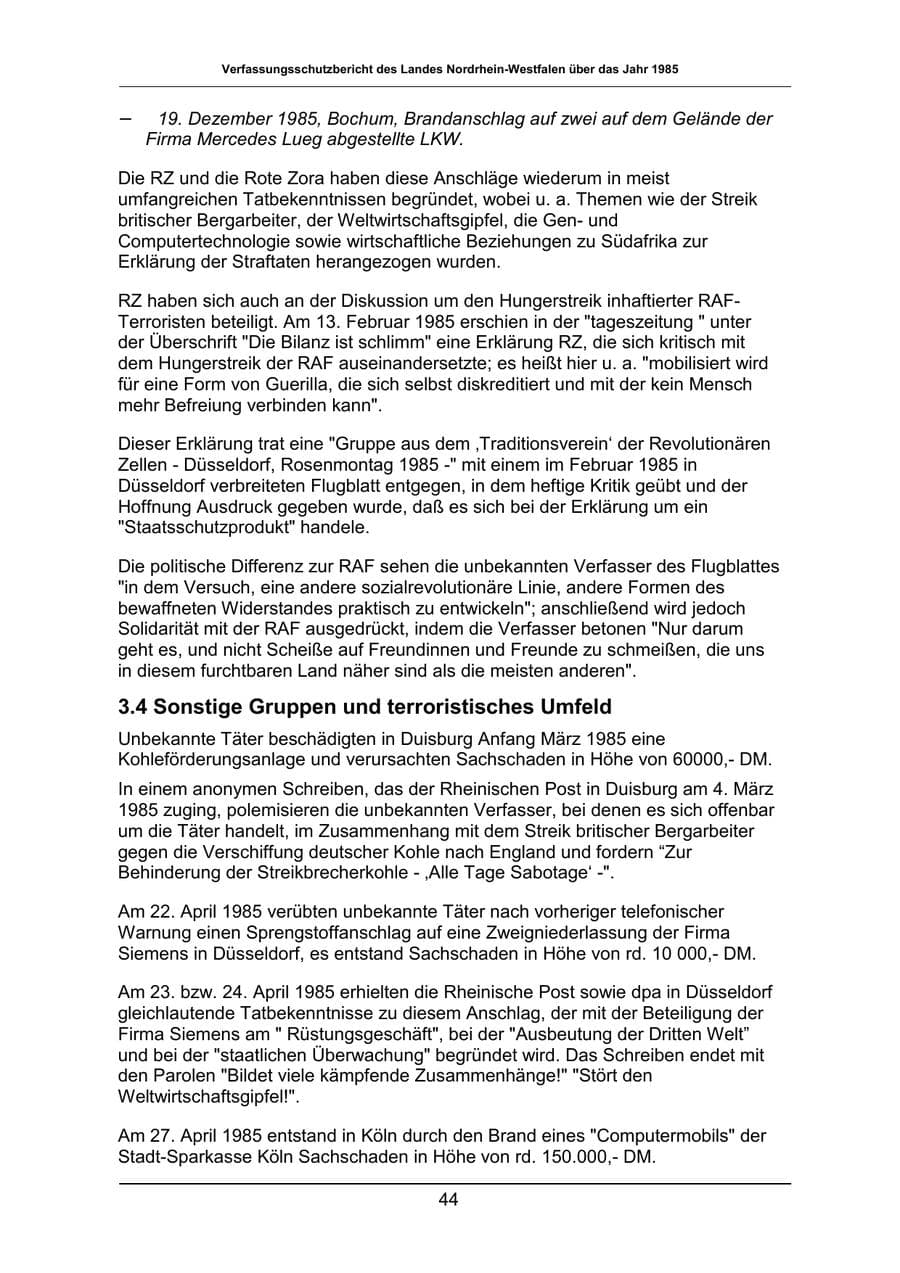 Seite 44 des Verfassungsschutzbericht 1985 Nordrhein-Westfalen