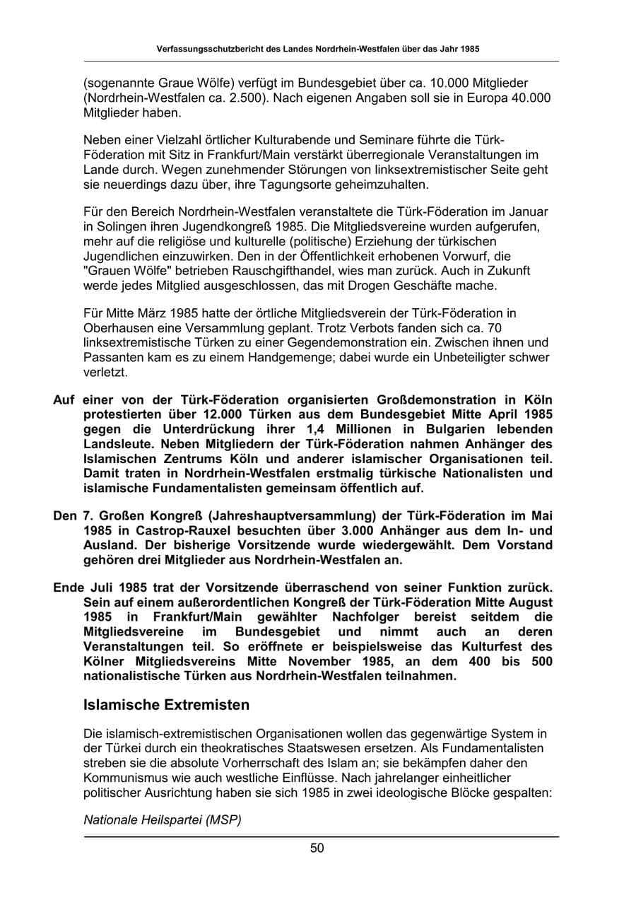 Seite 50 des Verfassungsschutzbericht 1985 Nordrhein-Westfalen