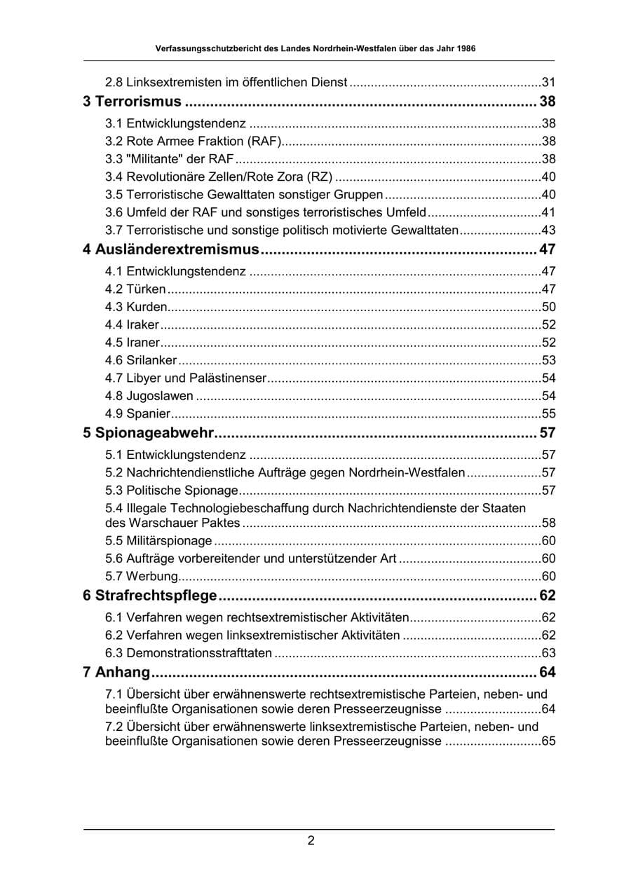 Seite 2 des Verfassungsschutzbericht 1986 Nordrhein-Westfalen