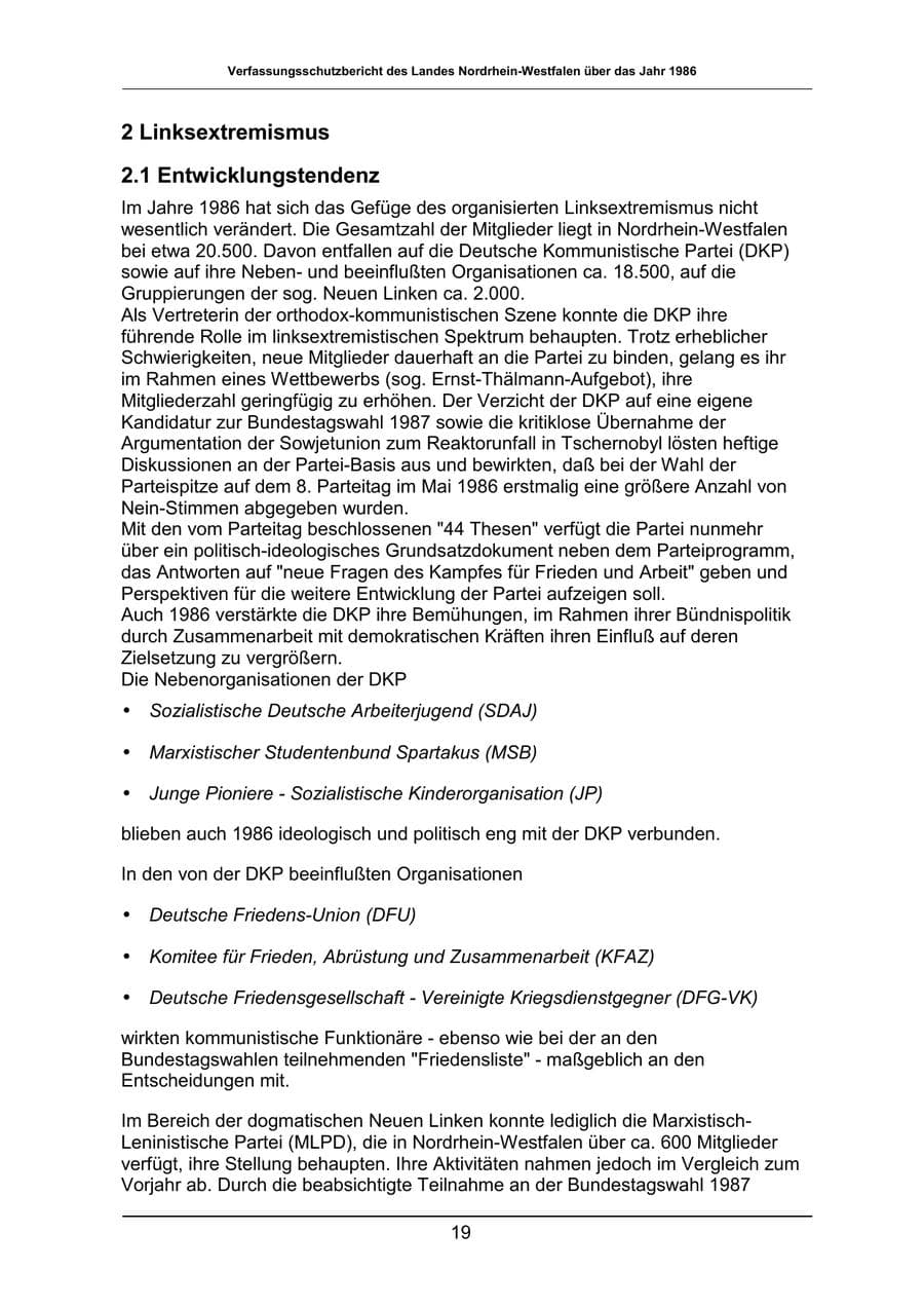 Seite 19 des Verfassungsschutzbericht 1986 Nordrhein-Westfalen