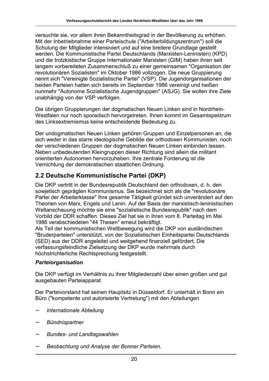 Seite 20 des Verfassungsschutzbericht 1986 Nordrhein-Westfalen