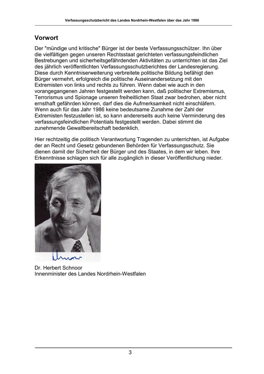 Seite 3 des Verfassungsschutzbericht 1986 Nordrhein-Westfalen