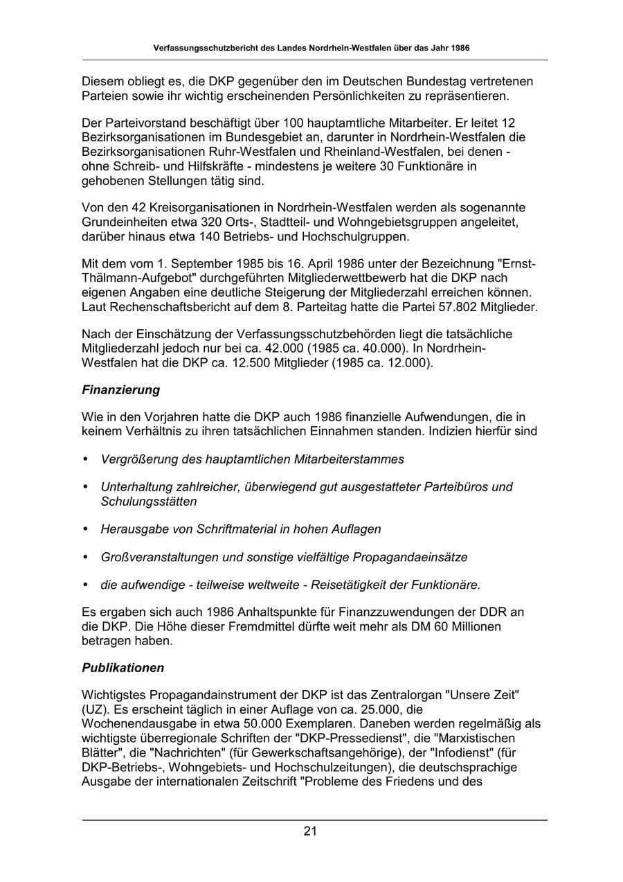 Seite 21 des Verfassungsschutzbericht 1986 Nordrhein-Westfalen