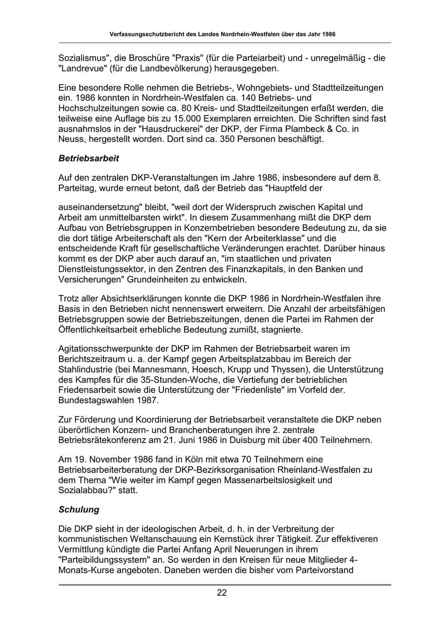 Seite 22 des Verfassungsschutzbericht 1986 Nordrhein-Westfalen