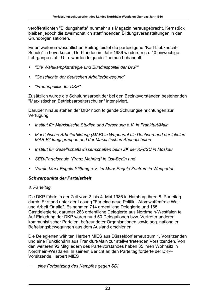 Seite 23 des Verfassungsschutzbericht 1986 Nordrhein-Westfalen