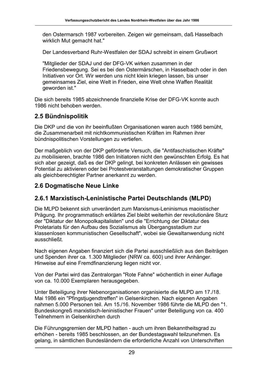 Seite 29 des Verfassungsschutzbericht 1986 Nordrhein-Westfalen