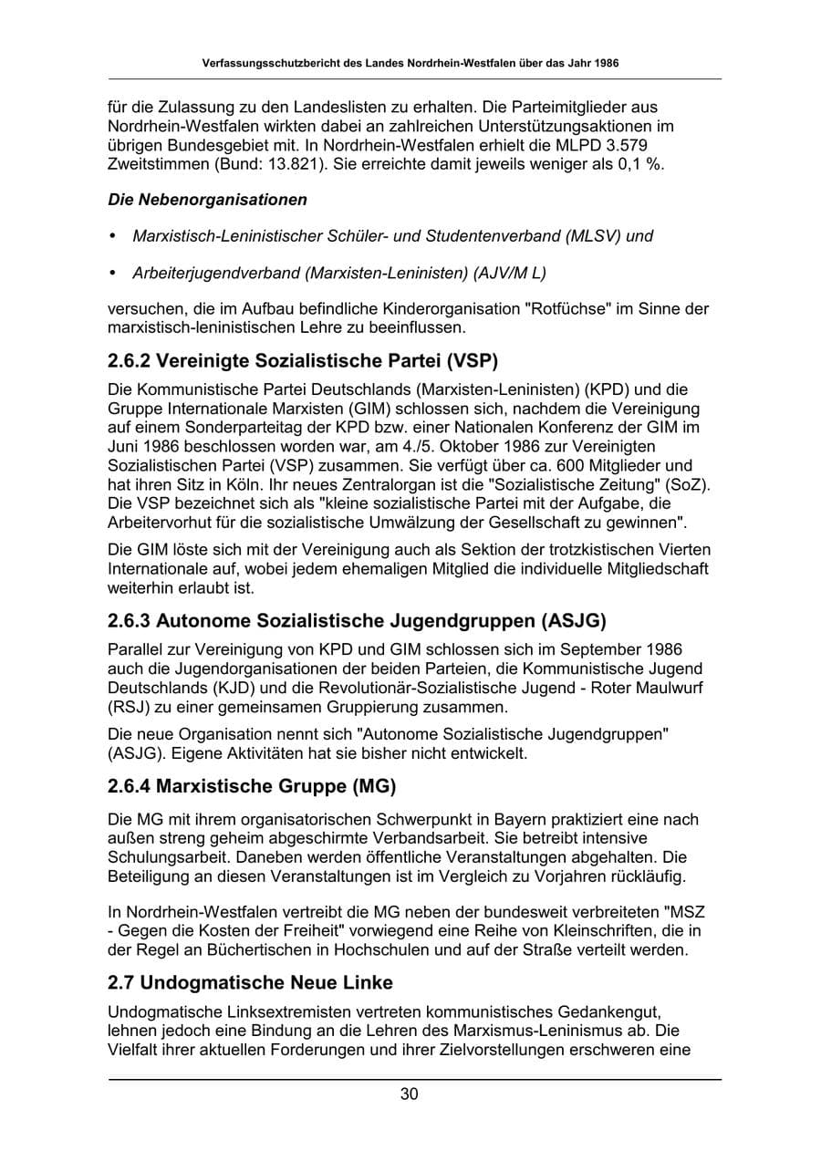 Seite 30 des Verfassungsschutzbericht 1986 Nordrhein-Westfalen