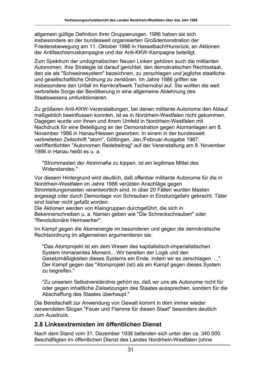 Seite 31 des Verfassungsschutzbericht 1986 Nordrhein-Westfalen