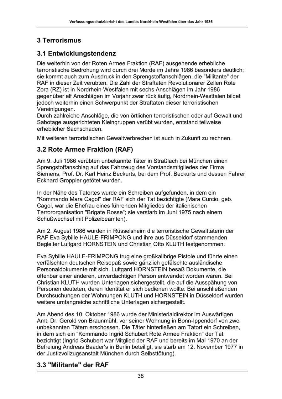 Seite 38 des Verfassungsschutzbericht 1986 Nordrhein-Westfalen