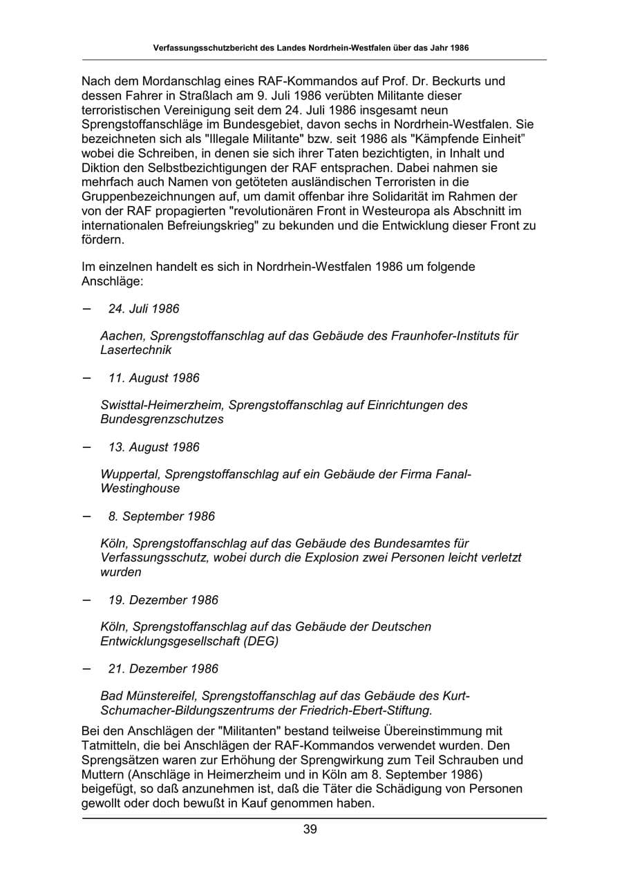 Seite 39 des Verfassungsschutzbericht 1986 Nordrhein-Westfalen