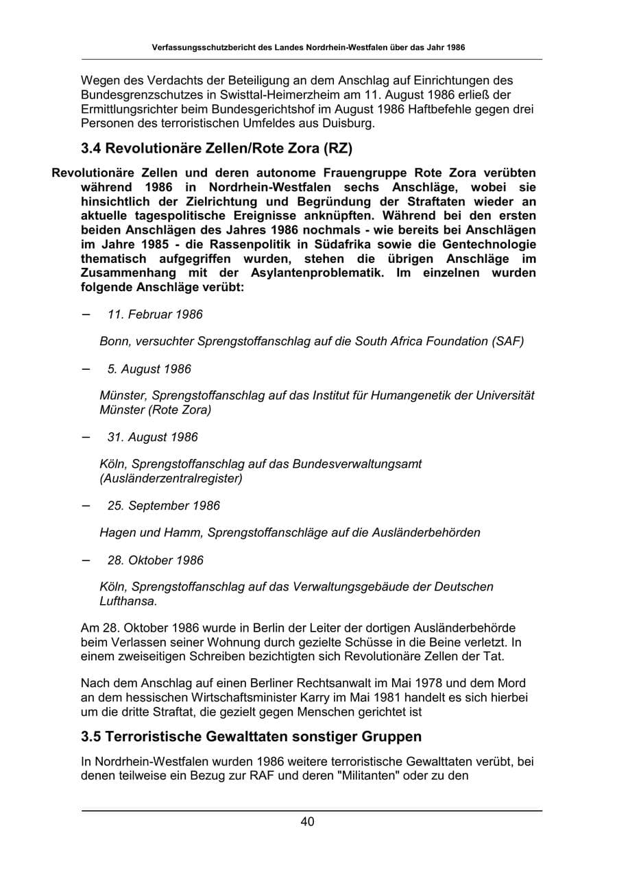 Seite 40 des Verfassungsschutzbericht 1986 Nordrhein-Westfalen