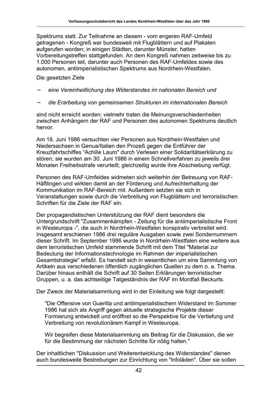 Seite 42 des Verfassungsschutzbericht 1986 Nordrhein-Westfalen