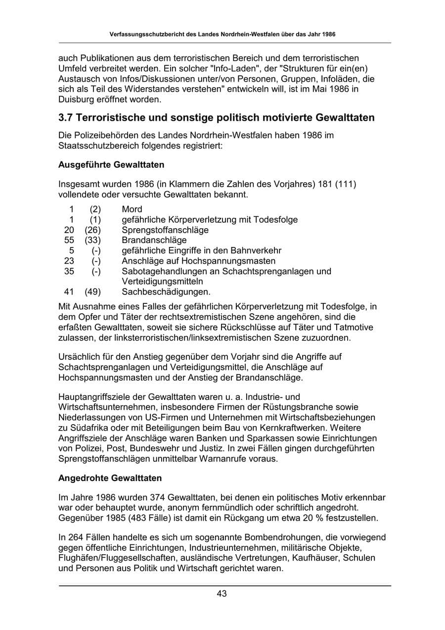 Seite 43 des Verfassungsschutzbericht 1986 Nordrhein-Westfalen