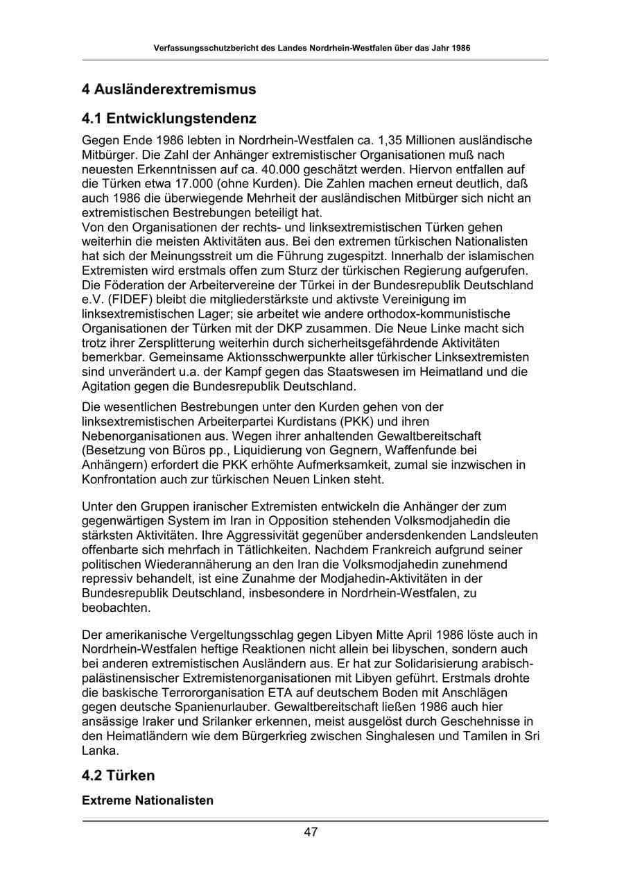 Seite 47 des Verfassungsschutzbericht 1986 Nordrhein-Westfalen