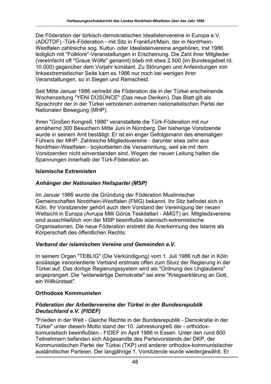Seite 48 des Verfassungsschutzbericht 1986 Nordrhein-Westfalen