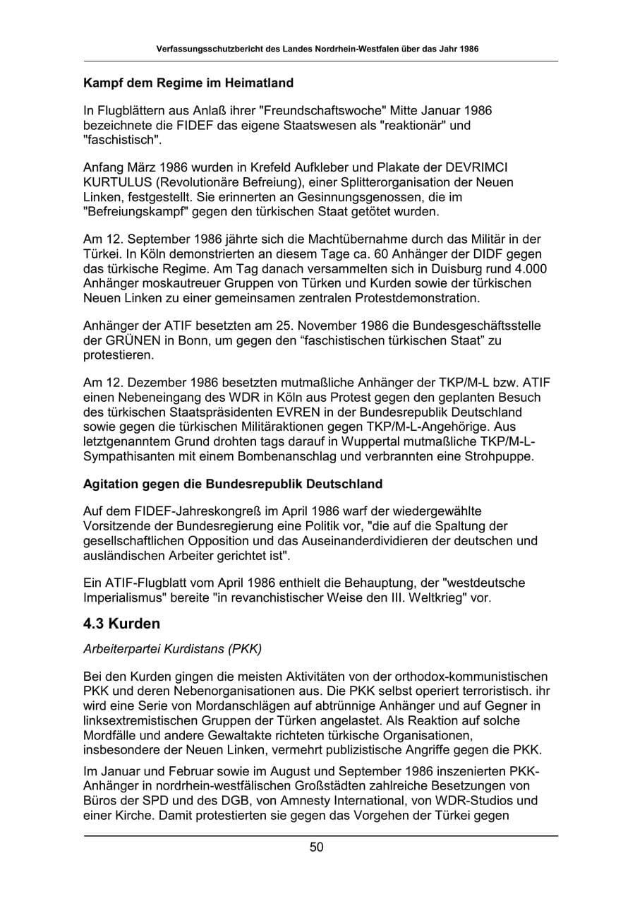 Seite 50 des Verfassungsschutzbericht 1986 Nordrhein-Westfalen