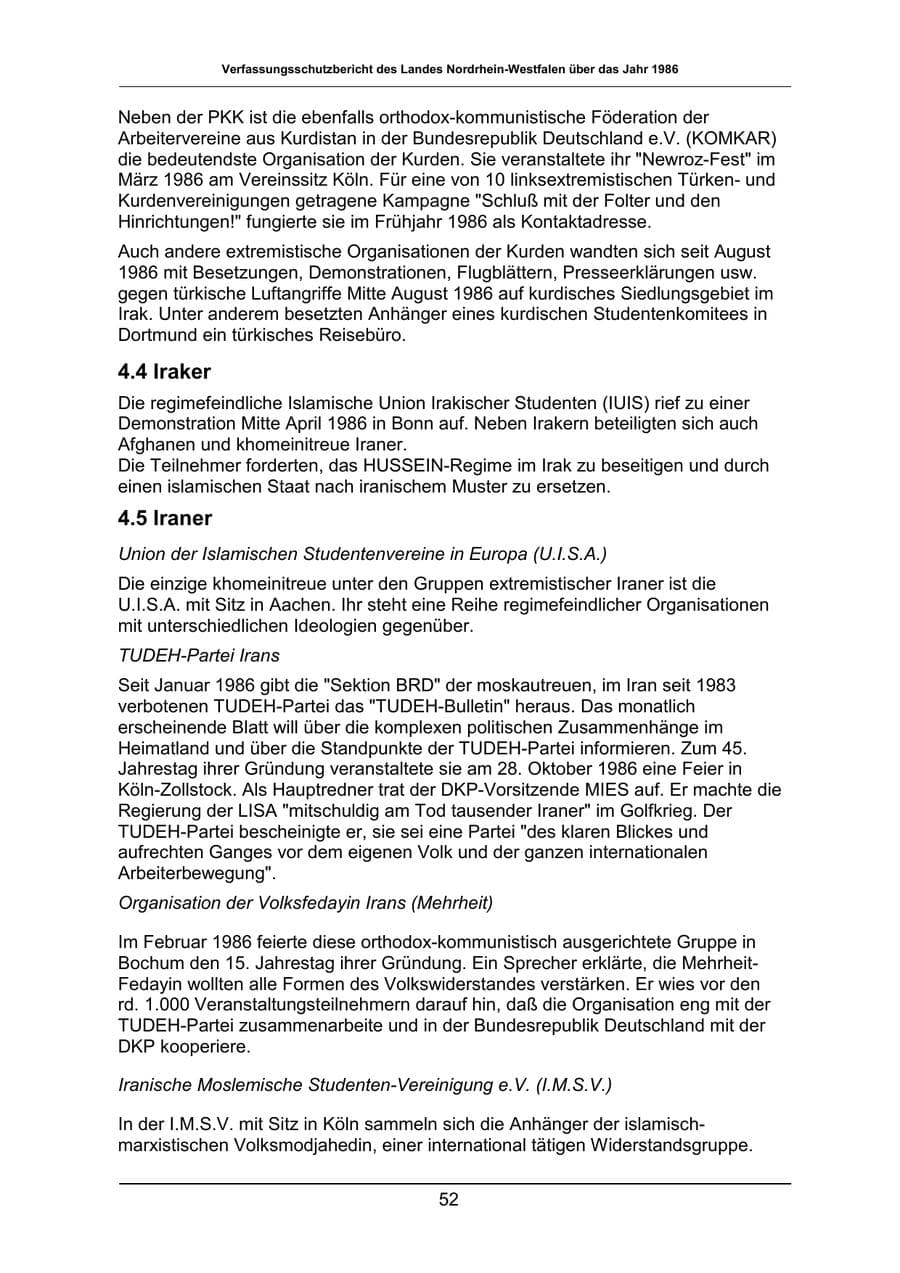 Seite 52 des Verfassungsschutzbericht 1986 Nordrhein-Westfalen