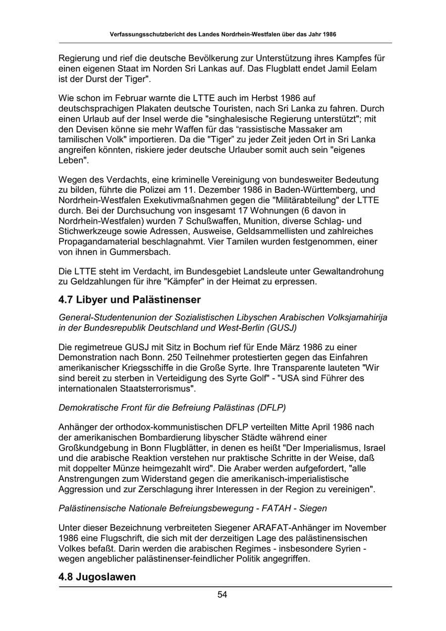 Seite 54 des Verfassungsschutzbericht 1986 Nordrhein-Westfalen