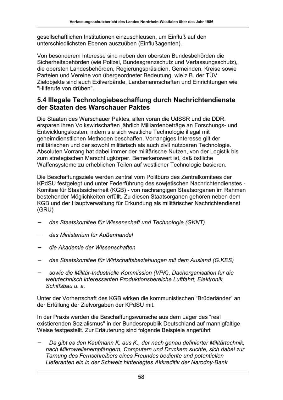 Seite 58 des Verfassungsschutzbericht 1986 Nordrhein-Westfalen