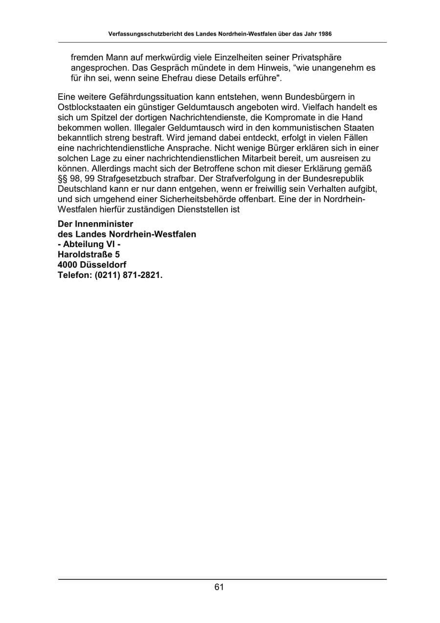 Seite 61 des Verfassungsschutzbericht 1986 Nordrhein-Westfalen
