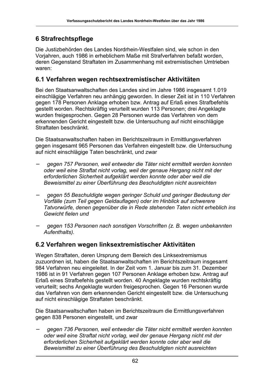 Seite 62 des Verfassungsschutzbericht 1986 Nordrhein-Westfalen