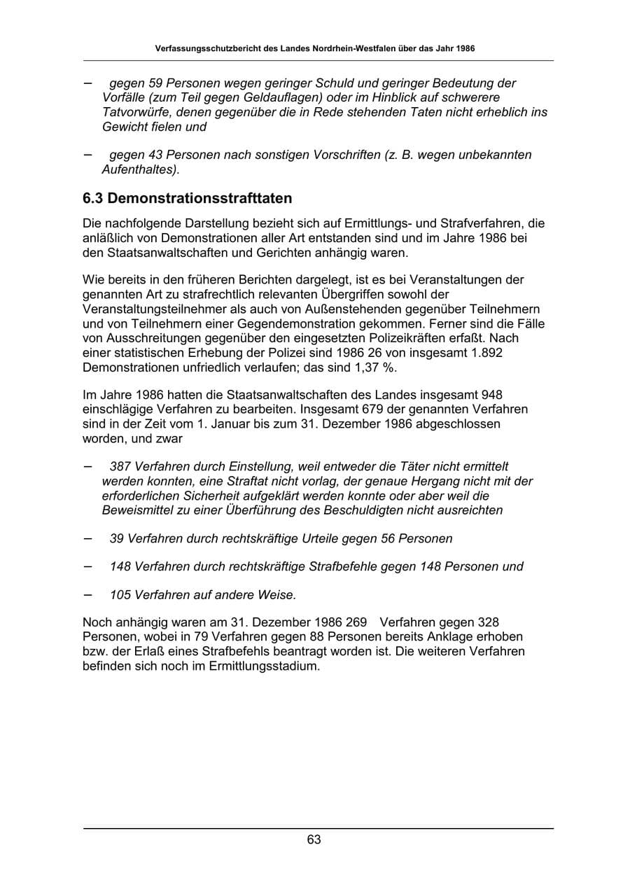 Seite 63 des Verfassungsschutzbericht 1986 Nordrhein-Westfalen