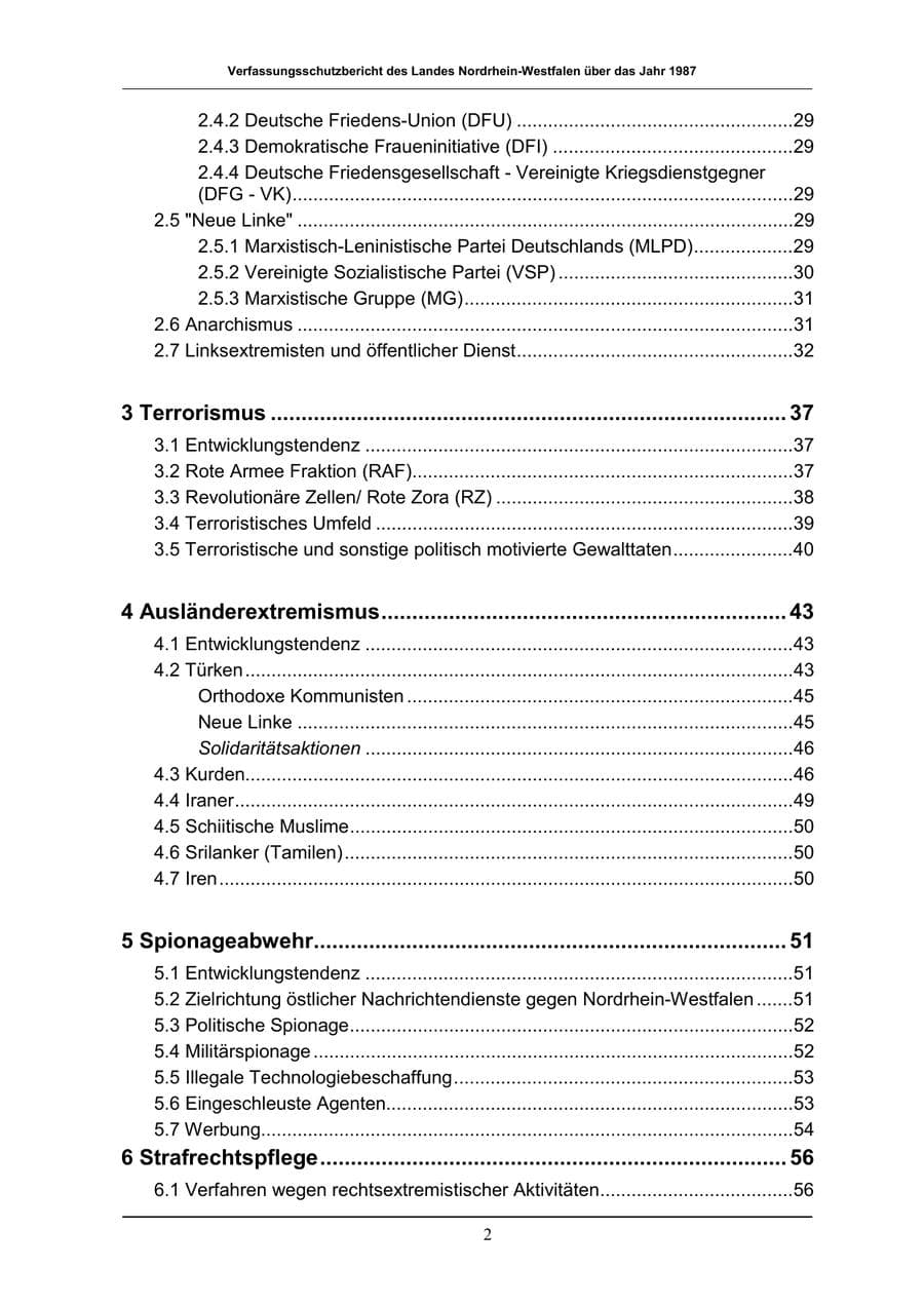 Seite 2 des Verfassungsschutzbericht 1987 Nordrhein-Westfalen