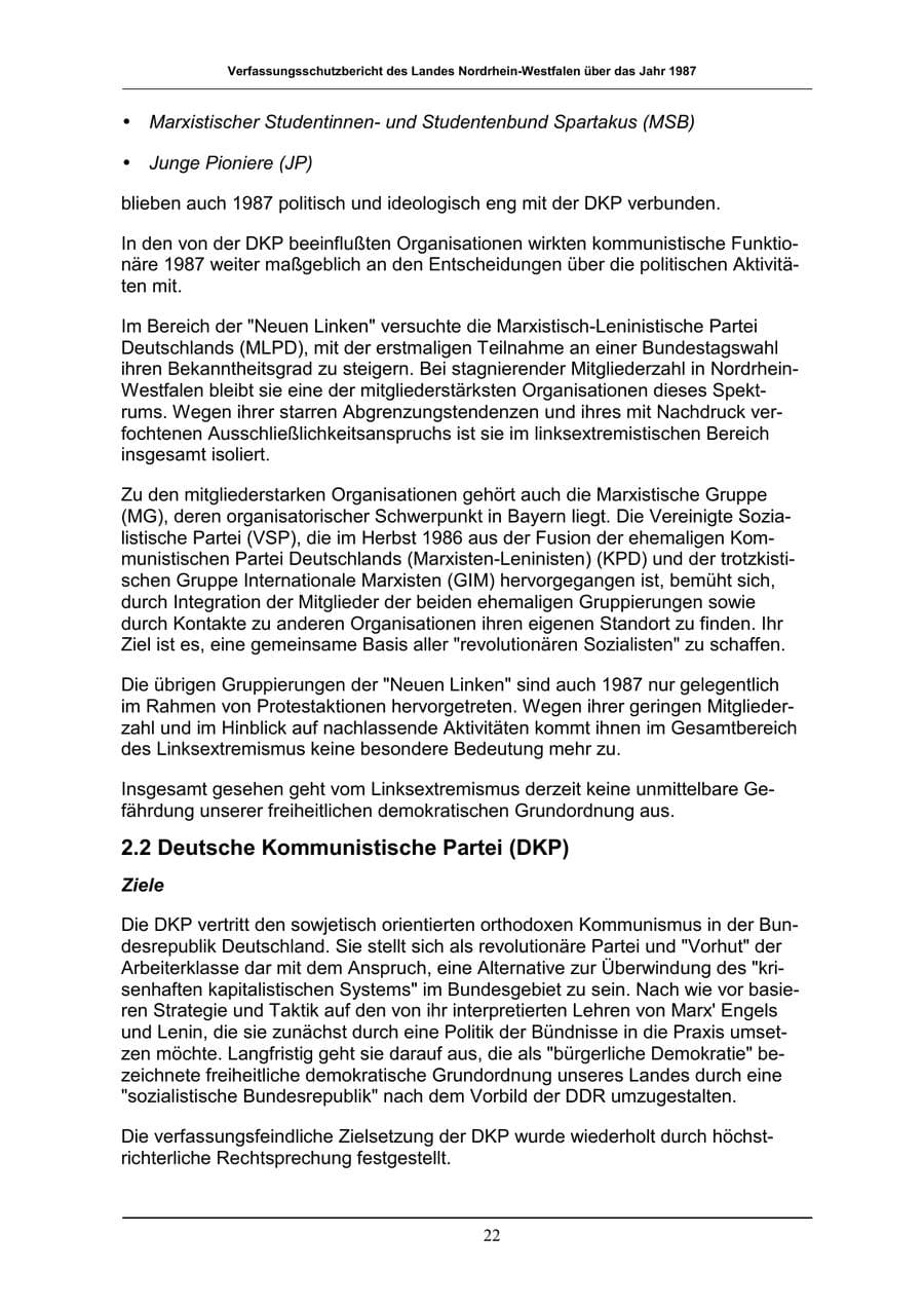 Seite 22 des Verfassungsschutzbericht 1987 Nordrhein-Westfalen