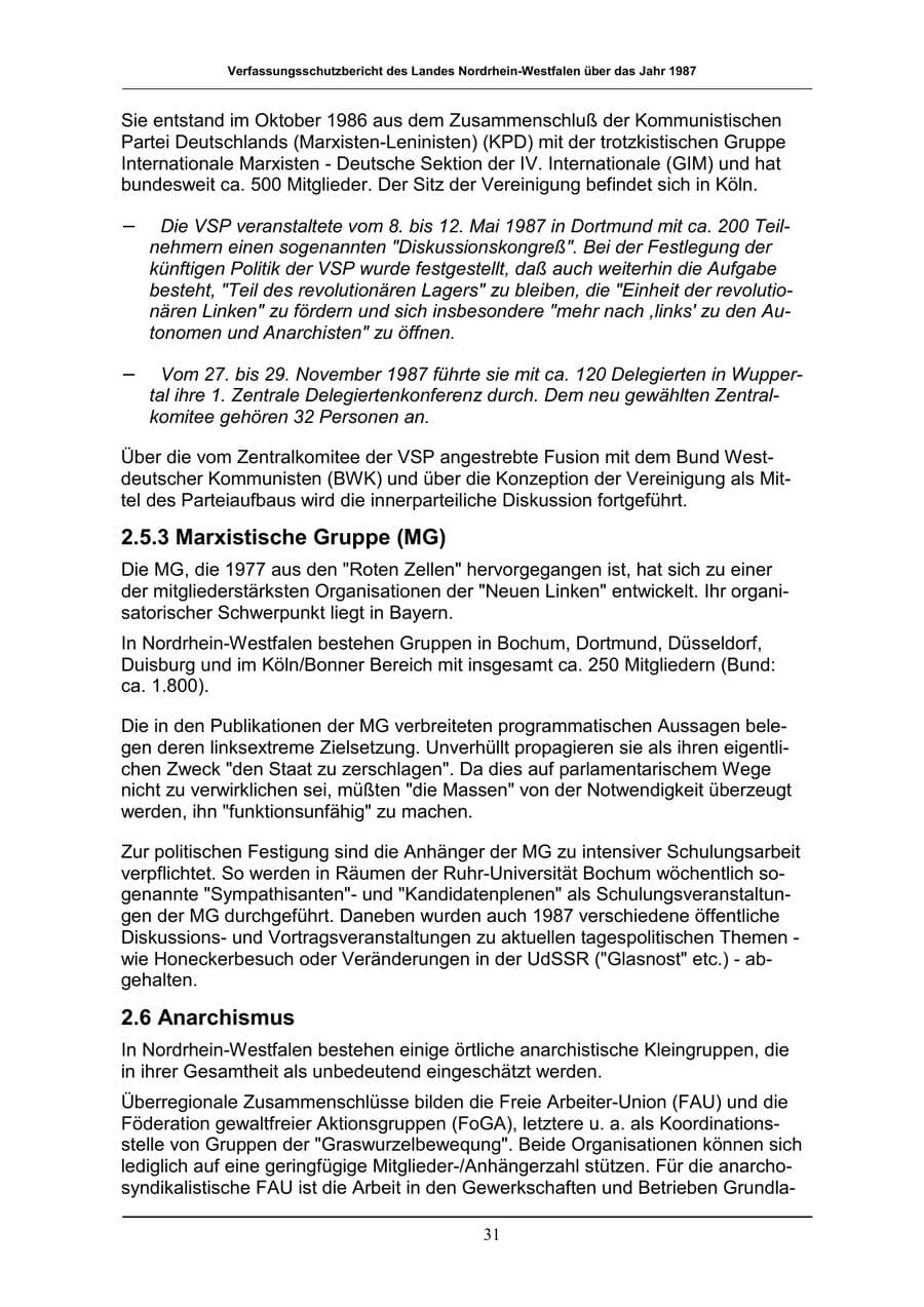 Seite 31 des Verfassungsschutzbericht 1987 Nordrhein-Westfalen