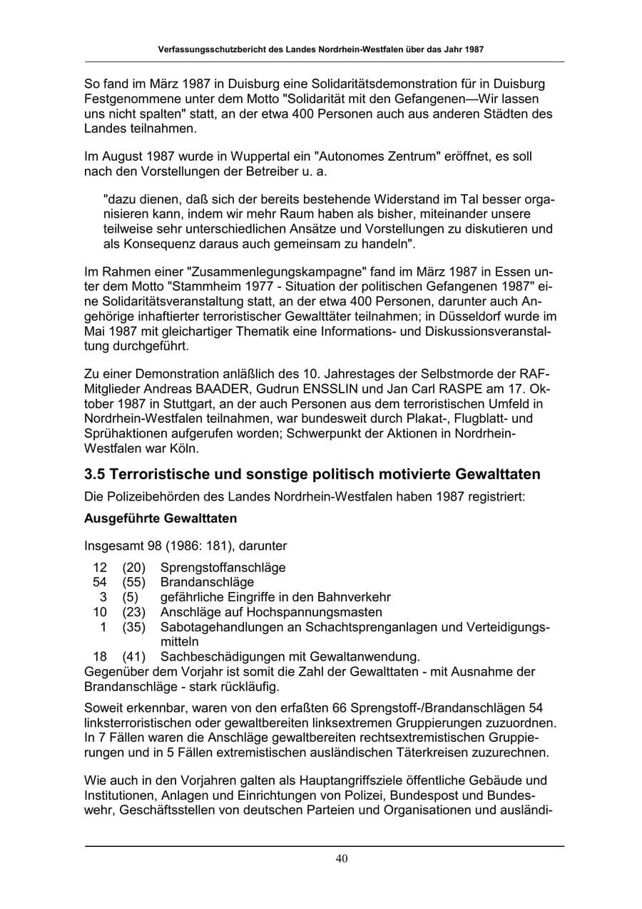 Seite 40 des Verfassungsschutzbericht 1987 Nordrhein-Westfalen