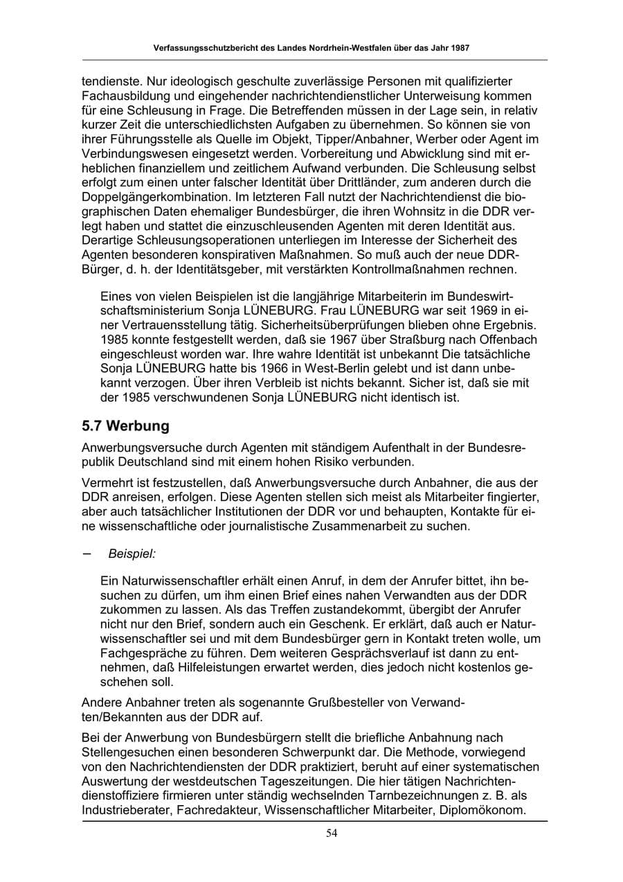 Seite 54 des Verfassungsschutzbericht 1987 Nordrhein-Westfalen