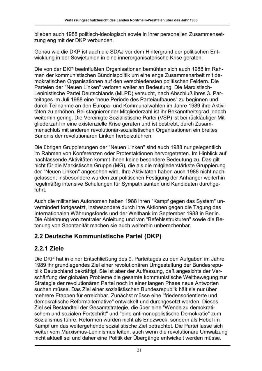 Seite 21 des Verfassungsschutzbericht 1988 Nordrhein-Westfalen
