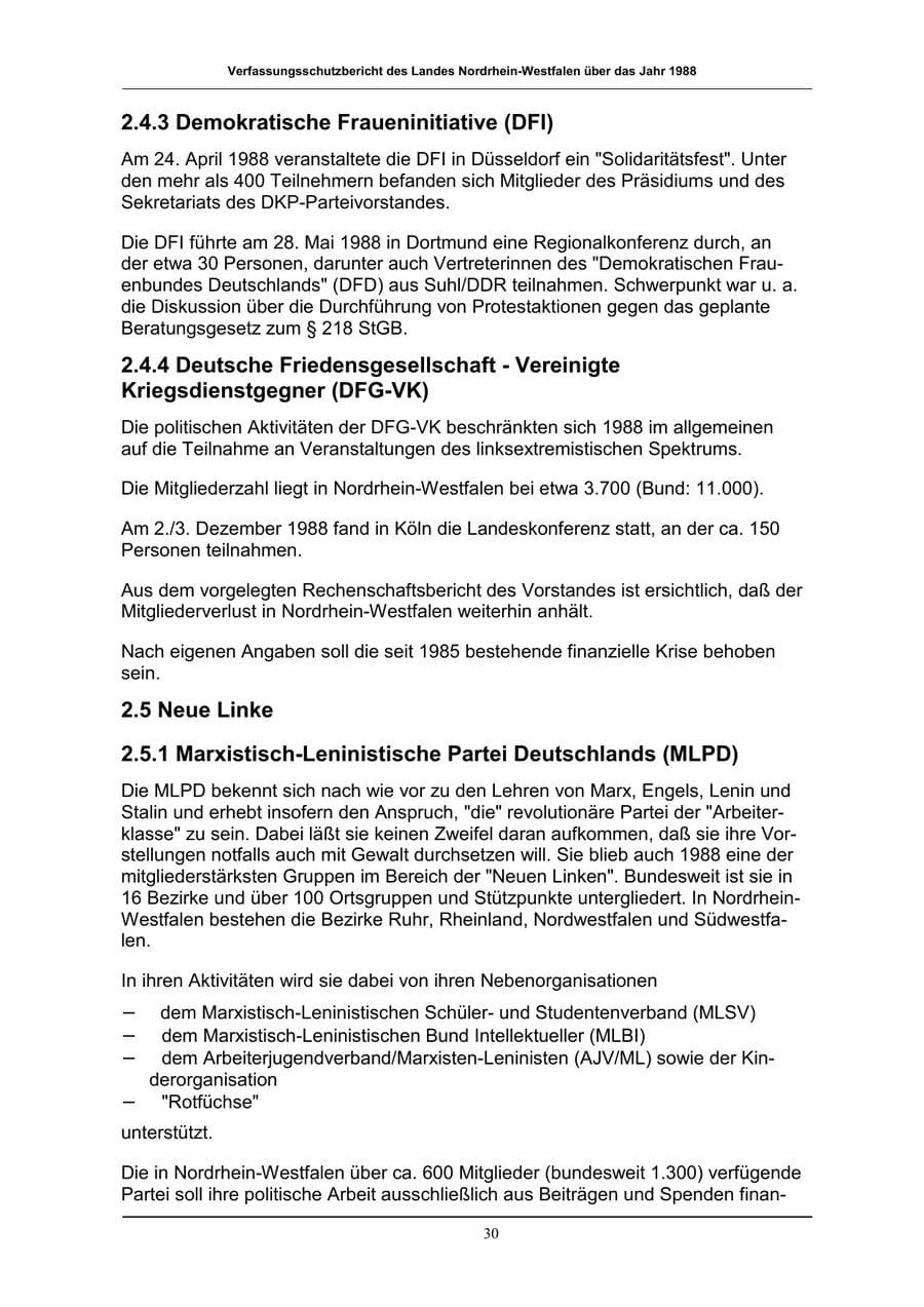 Seite 30 des Verfassungsschutzbericht 1988 Nordrhein-Westfalen